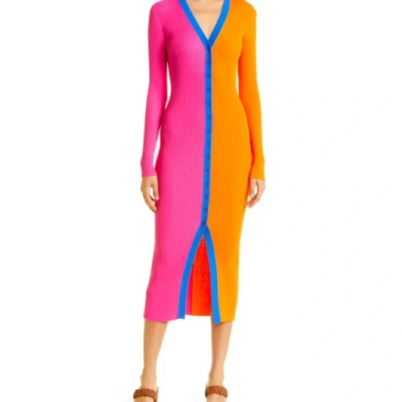 Staud x Birkenstock Pink and Orange Shoko Long Sleeve Midi Dress Medium - Picture 1 of 16